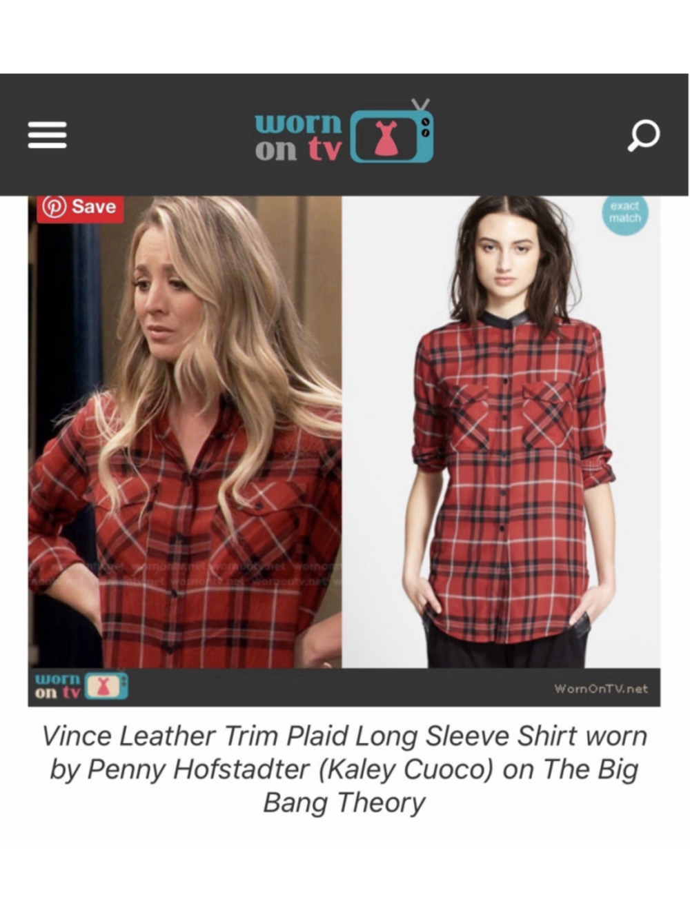 Vince Red Plaid Shirt blouse Lamb Leather Trim The Big Bang Theory Penny Size 12